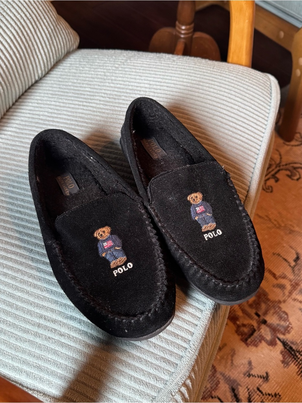Polo by Ralph Lauren Black Suede Teddy Bear Moccasin Slip-Ons